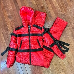 NWT Dollskill Club EXX Metallic Red Black Strappy Buckle Snow Suit Size Small